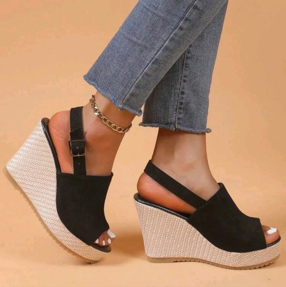 Women's Espadrille Wedge Sandals, Peep Toe Buckle Strap Platform High Heels - Picture 5 of 6